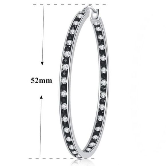 14K White Gold with Black Onyx and White Diamond Cubic Zirconia Hoop Earrings - Picture 6 of 6